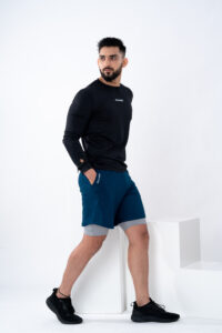 A man standing in white background, flaunting the mens gym wear colletion of HIT-Compression Shorts.