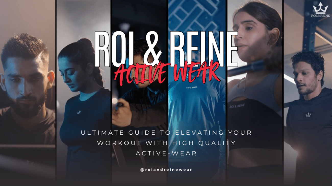 Collage of people wearing gym wear from Roi & Reine, featuring promotional text about high-quality workout clothing.